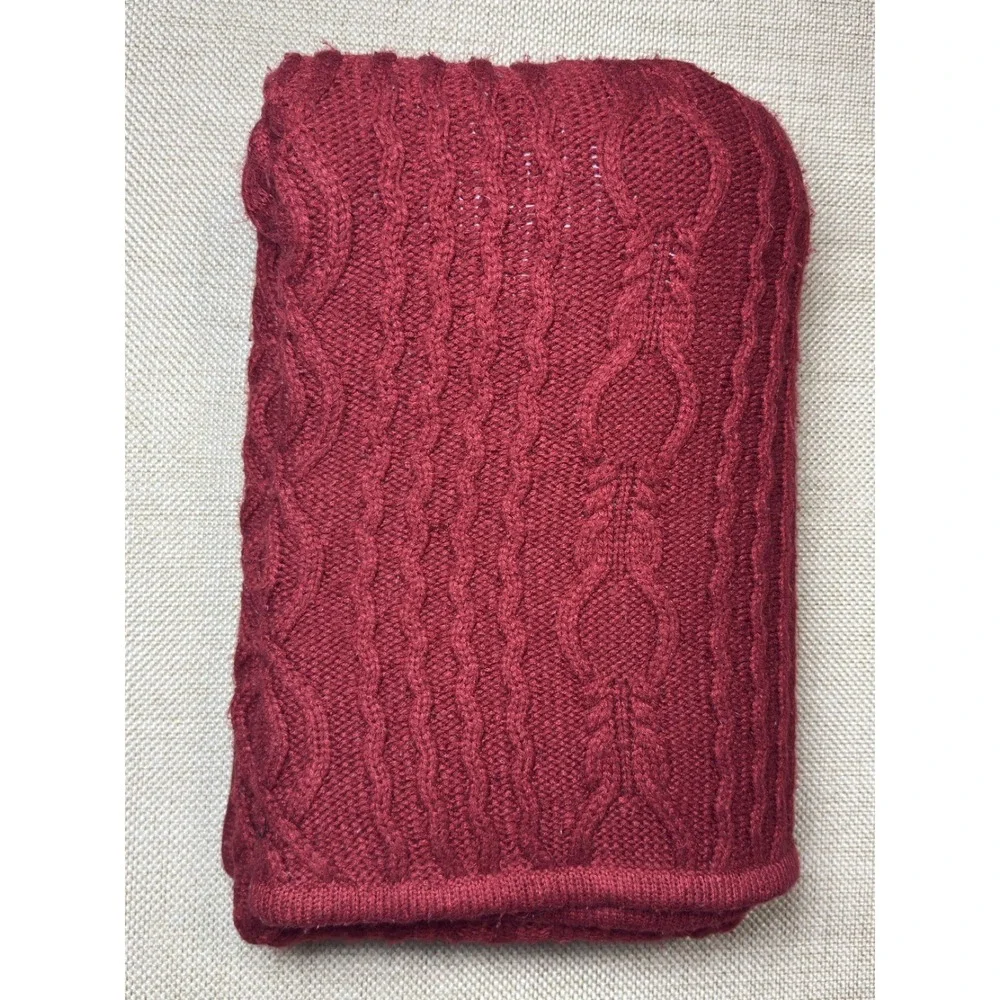LL Bean Throw Blanket Chunky‎ Cable Knit Fisherman Red Soft Sherpa Reversible